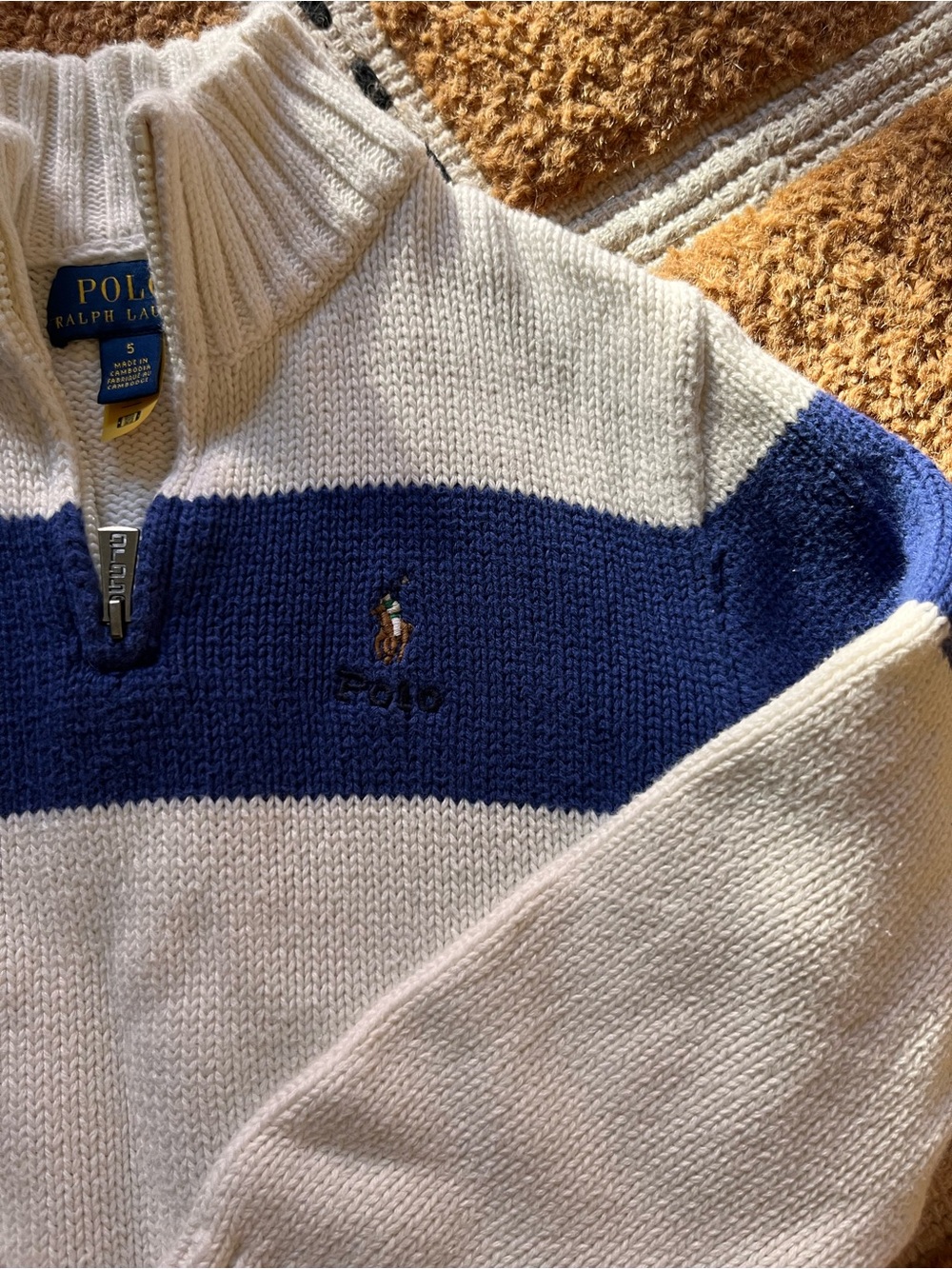 Polo by Ralph Lauren Cream Quarter-Zip Sweater with Navy Blue Stripe Size 5 Boys - Picture 3 of 4